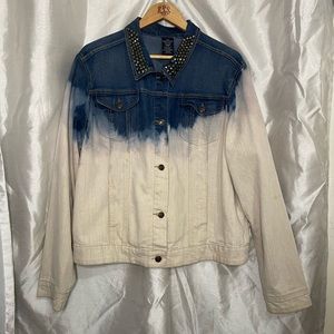 Plus Size Upcycled Reworked Tie-Dye Pyramid Studded Denim Blue Jean Jacket